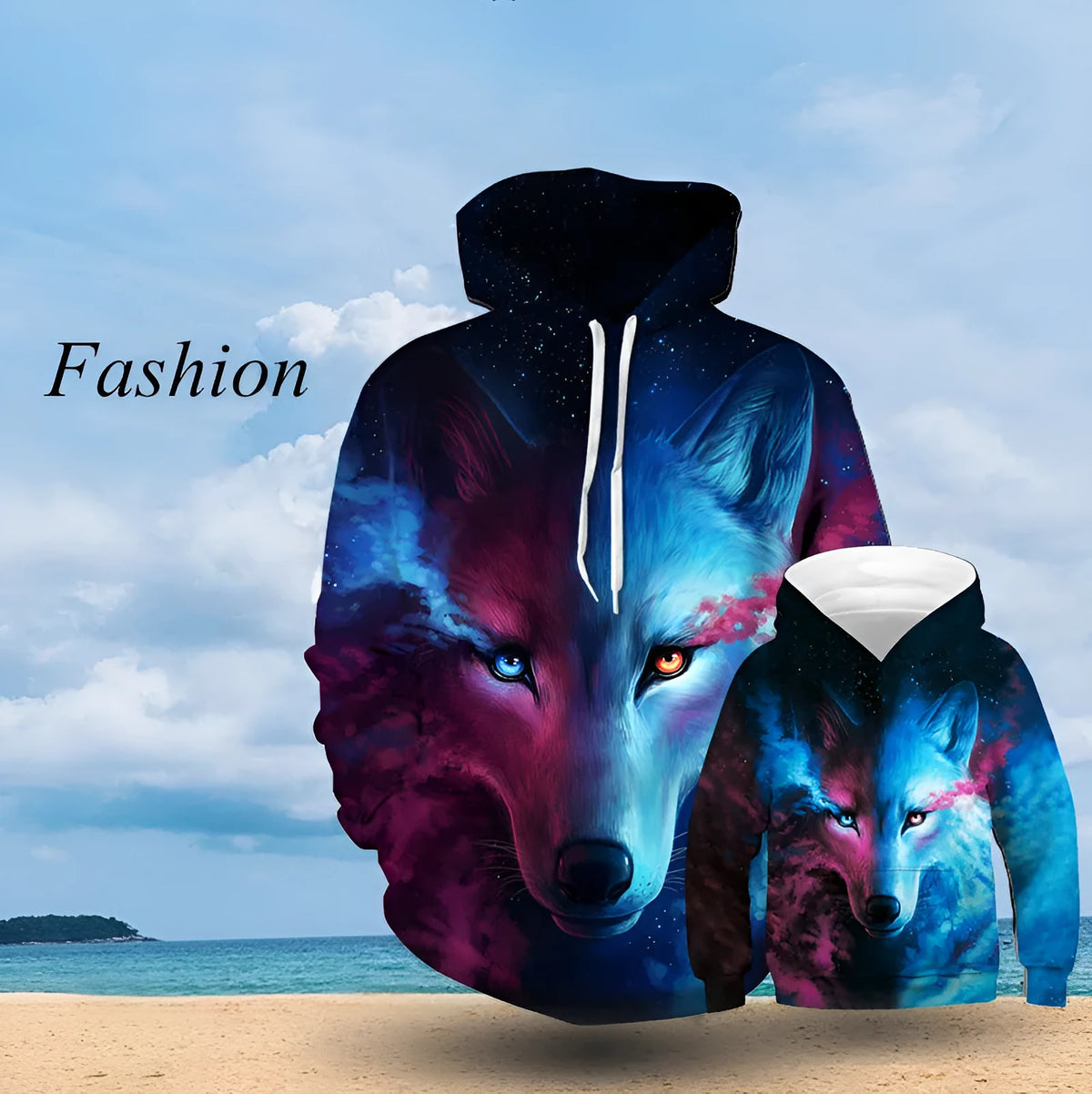 Men's wolf printed hoodie with 3D sweatshirt design, polyester fabric, sizes S to 6XL, ten model options