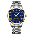 Men's calendar quartz watch with round dial, ultra-thin case, and choice of stainless steel or leather strap
