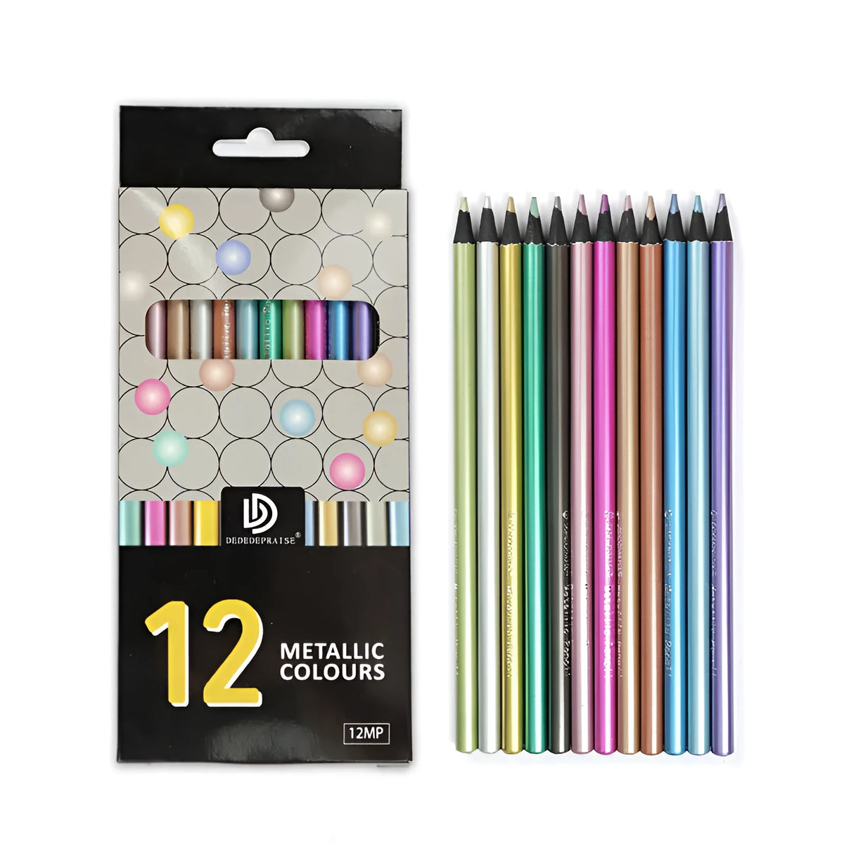 12-Color Metallic Colored Pencils Set in Box Wooden 2B Lead Art Drawing Pencils