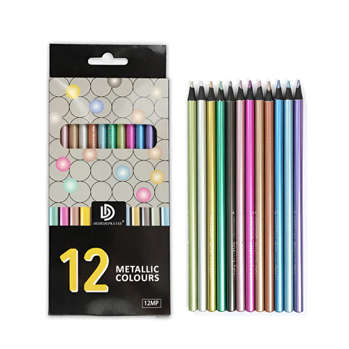 12-Color Metallic Colored Pencils Set in Box Wooden 2B Lead Art Drawing Pencils
