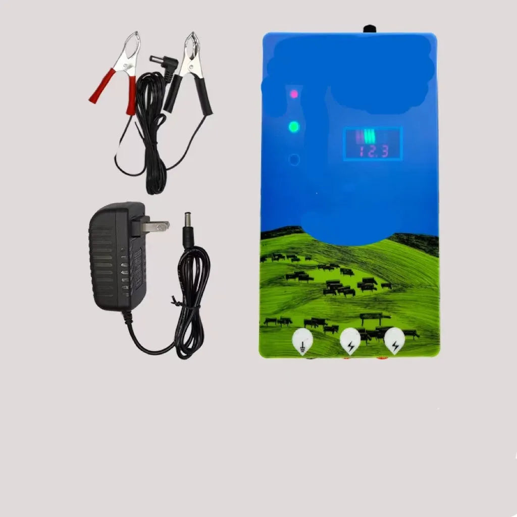 Animal husbandry electric fence alarm host unit with display options and solar panel for pasture livestock security.