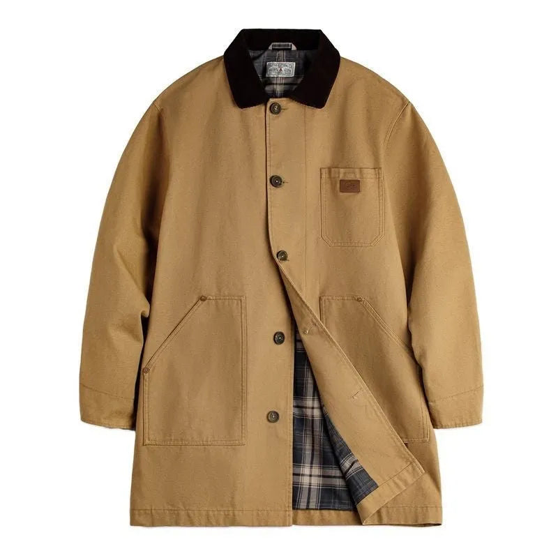 Men's khaki cotton trench coat, loose fit, mid-length, front view, solid colour