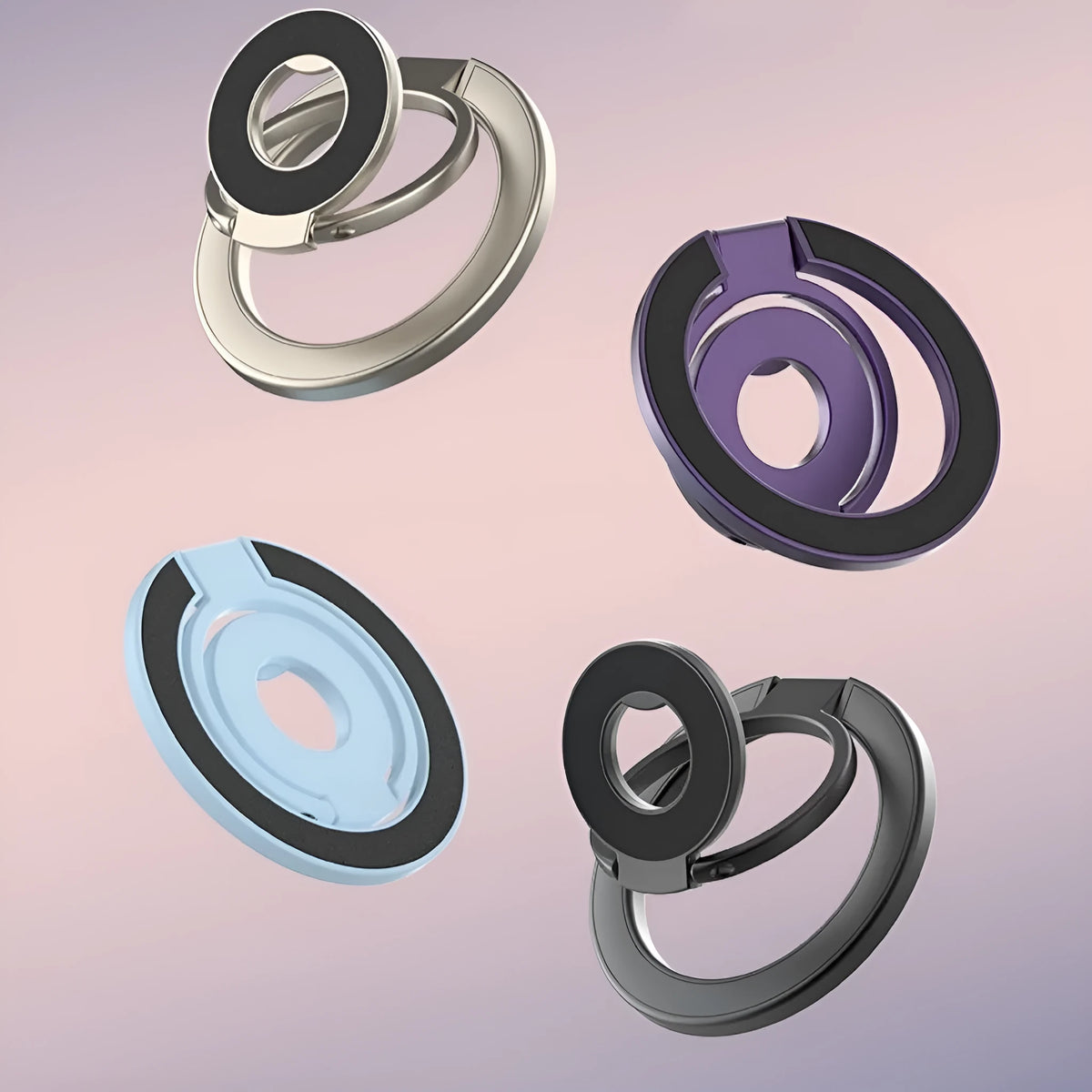Double ring magnetic phone holder in cool black with strong magnetic force and fastened ring alloy construction