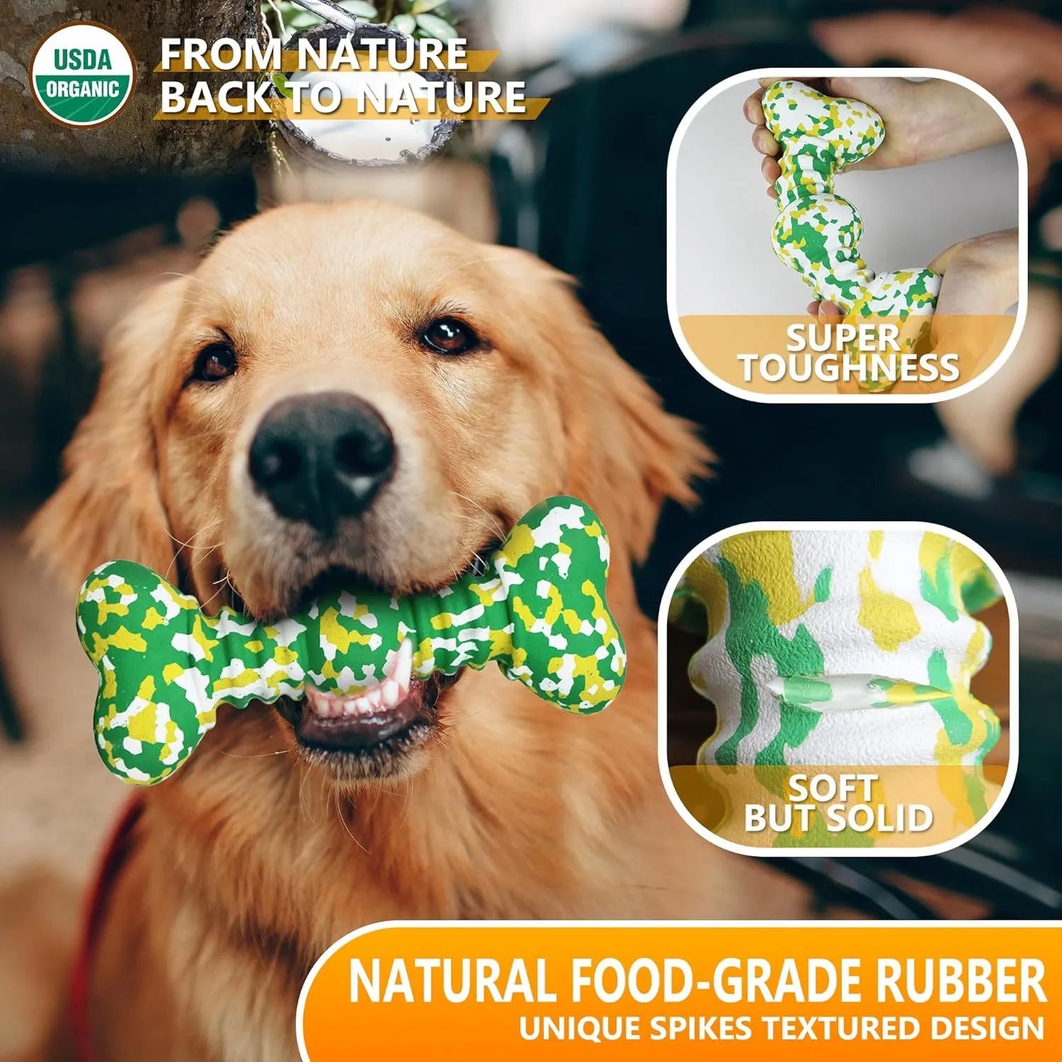 Green, white, and yellow camouflage pattern natural rubber bone chew toy for dogs on a wooden floor.
