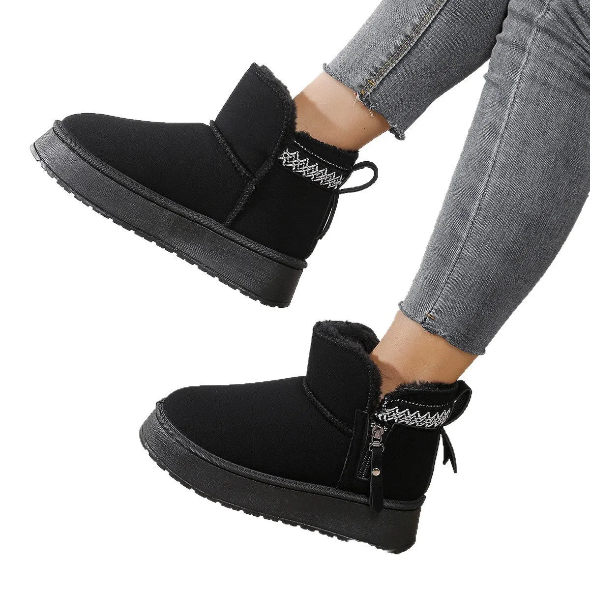 Side zipper thick sole height increasing snow boots for women in cow suede leather, black brown khaki colours