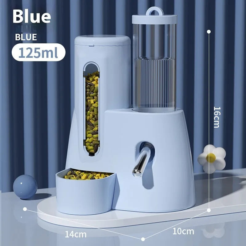 White, blue, and pink hamster automatic water feeder and food basin for Djungarian hamsters.