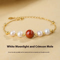 Yellow-finished 925 silver bracelet with red bean and pearl beads in retro style for women