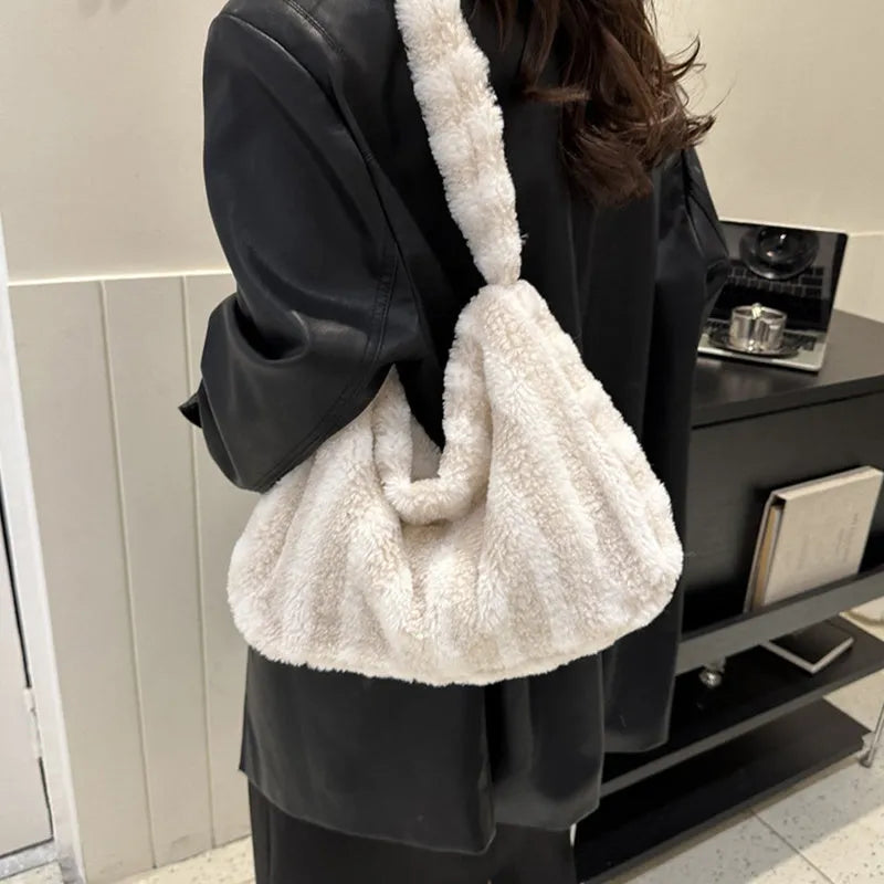 Large-capacity striped plush tote shoulder bag for women in winter, available in multiple colours