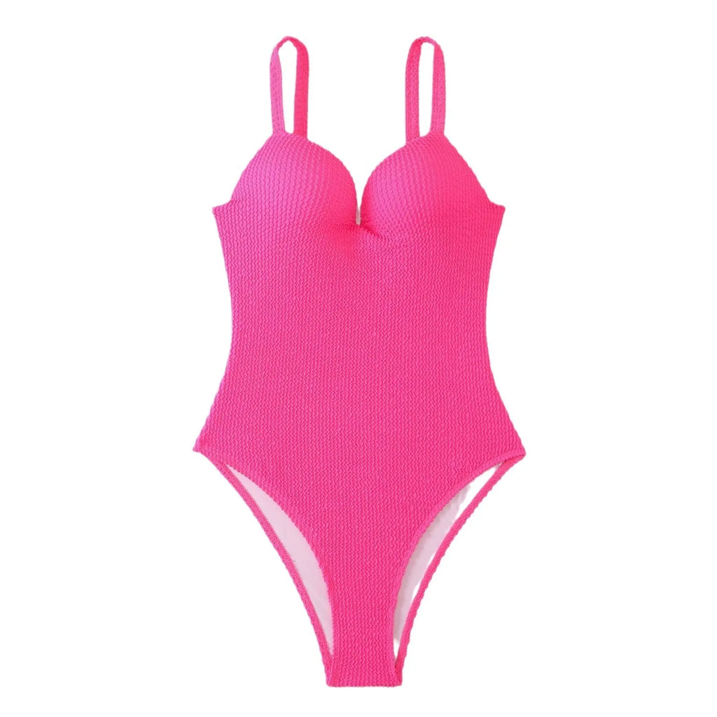 Women's sleeveless one-piece swimsuit with a small sunken stripe pattern in various colours.