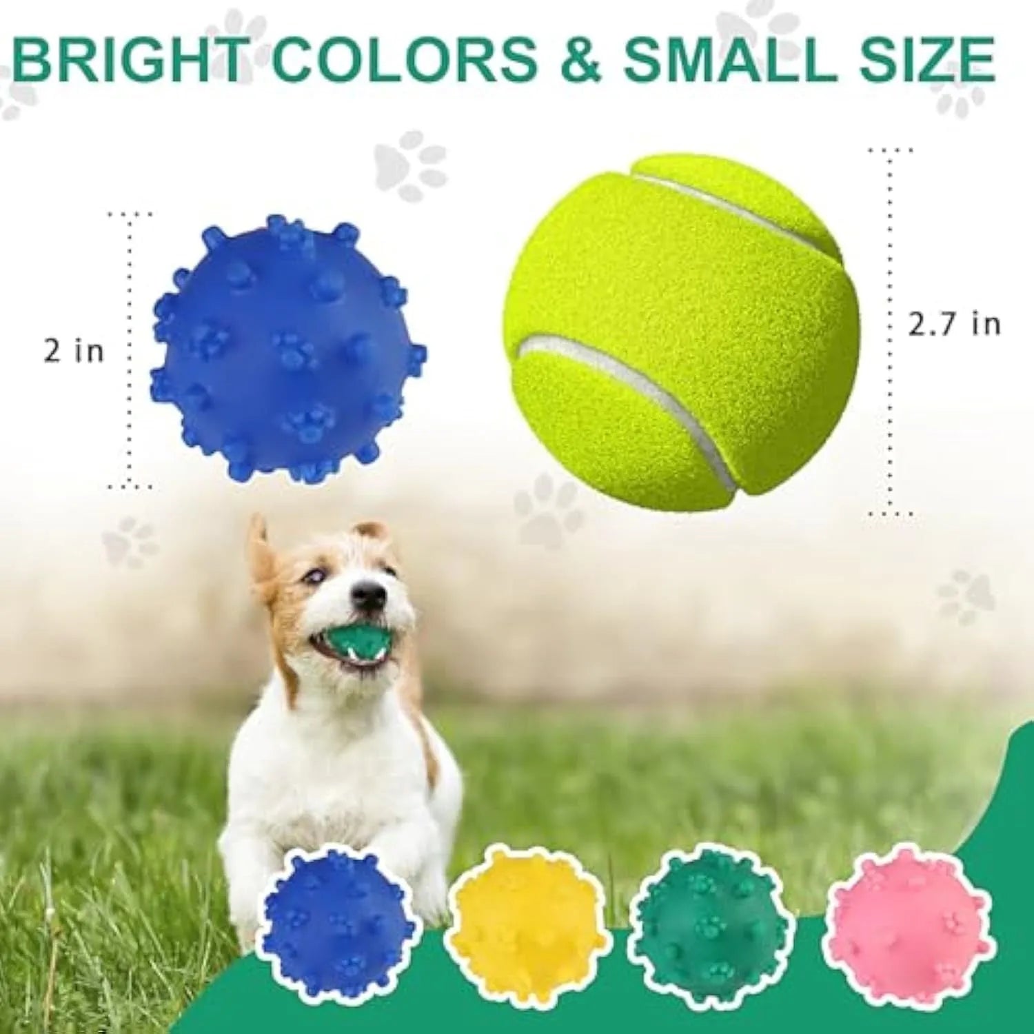 Set of four brightly coloured squeaky dog balls with a textured surface, shown next to a small dog.