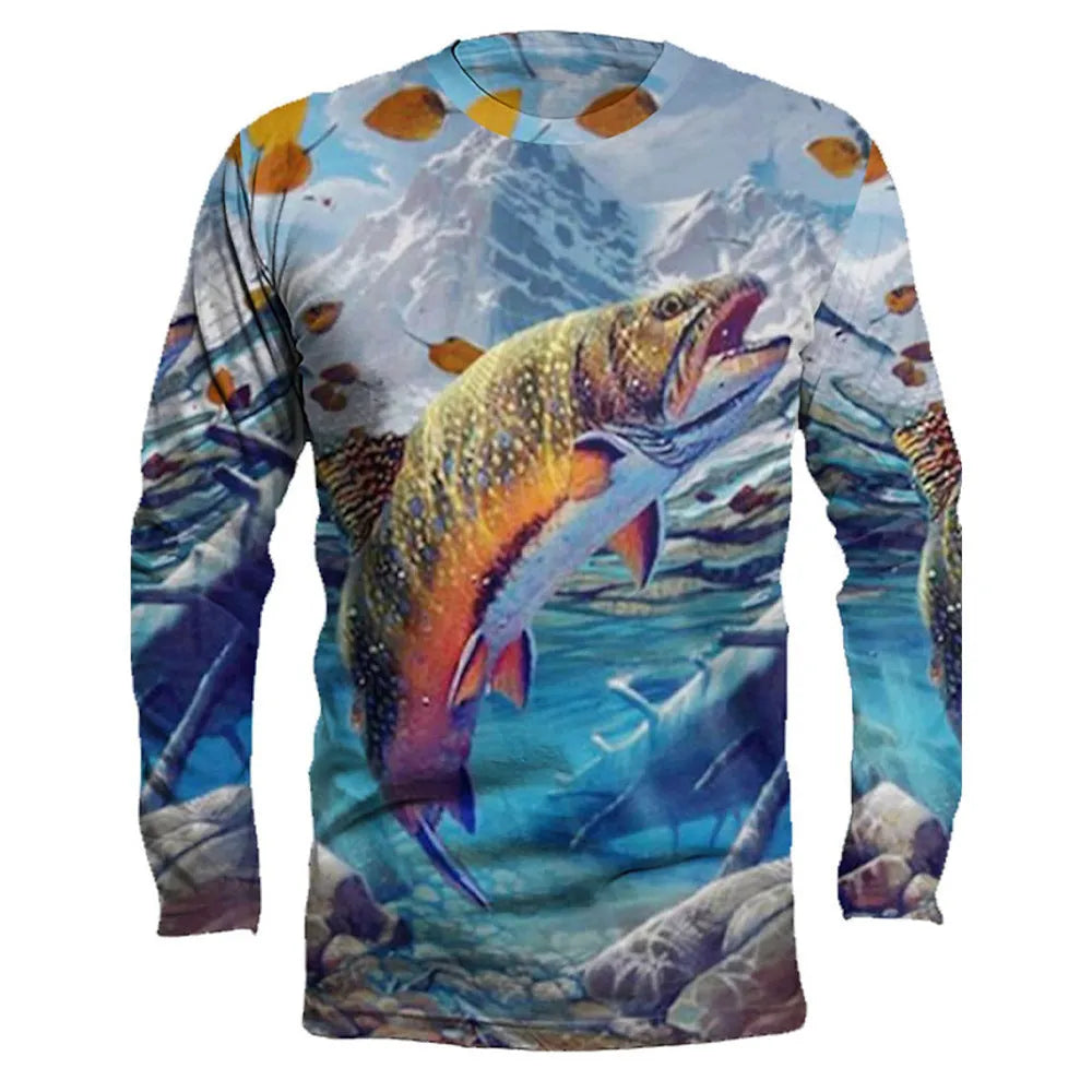 Men's grey long-sleeved pullover top with a colourful fish print pattern, round neck.