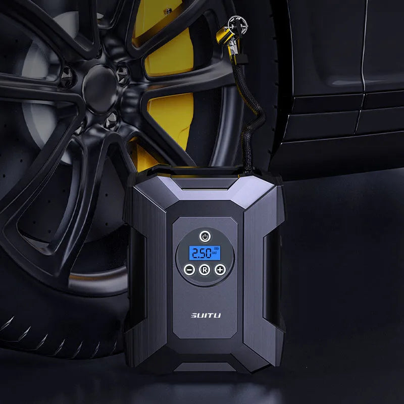 Portable 120W car air pump with digital display, LED light, and 300cm power cord for SUV tyre inflation