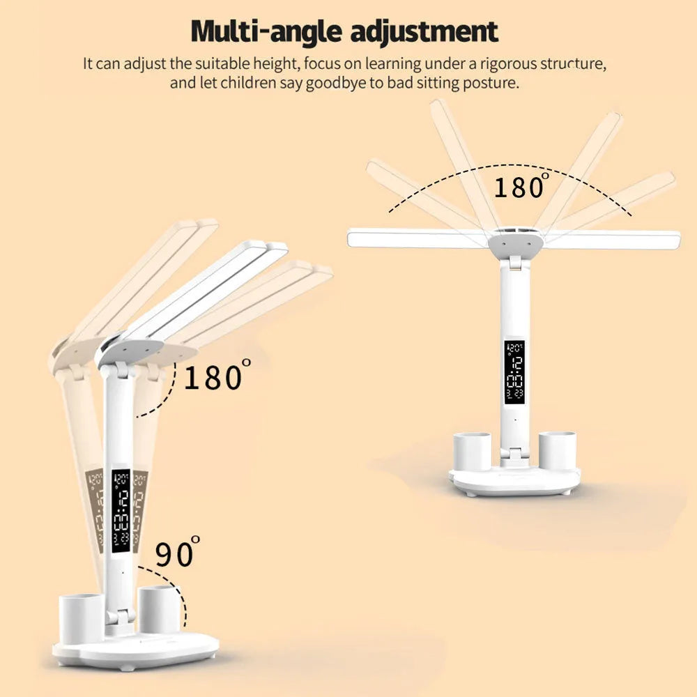 White LED desk lamp with calendar display and pen holder, touch control, USB powered