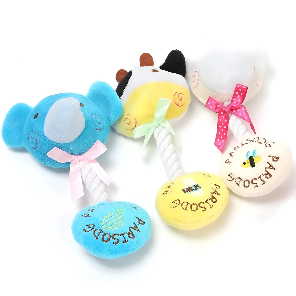Plush animal dog toy with cotton rope in frog, elephant, cow or bear designs with squeaker