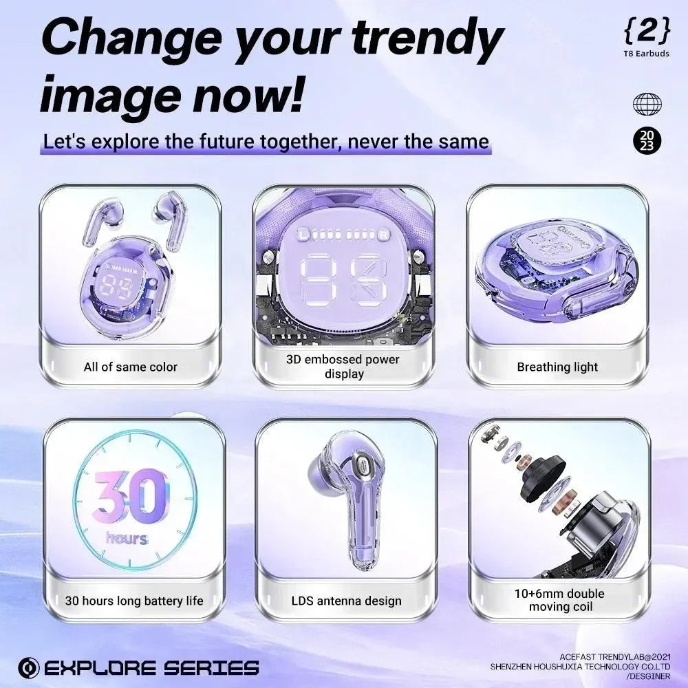 Transparent warehouse wireless Bluetooth in-ear headset in black, white, pink, sky blue, or violet colour.