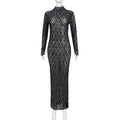 Sexy black long-sleeved lace mesh see-through dress with pencil skirt and elastic waist