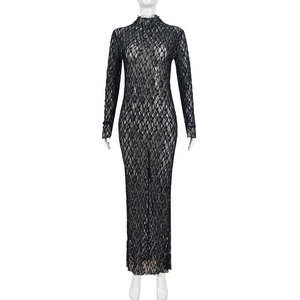 Sexy black long-sleeved lace mesh see-through dress with pencil skirt and elastic waist