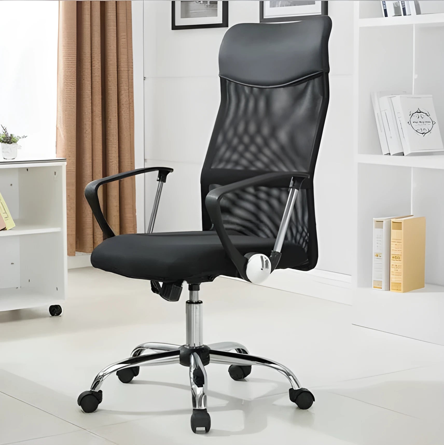 Black mesh computer chair with breathable back for office and home desk seating