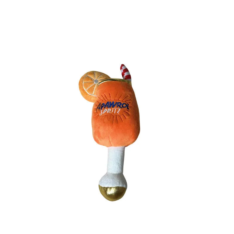Yellow plush dog toy shaped like a wine glass with squeaker for interactive play.