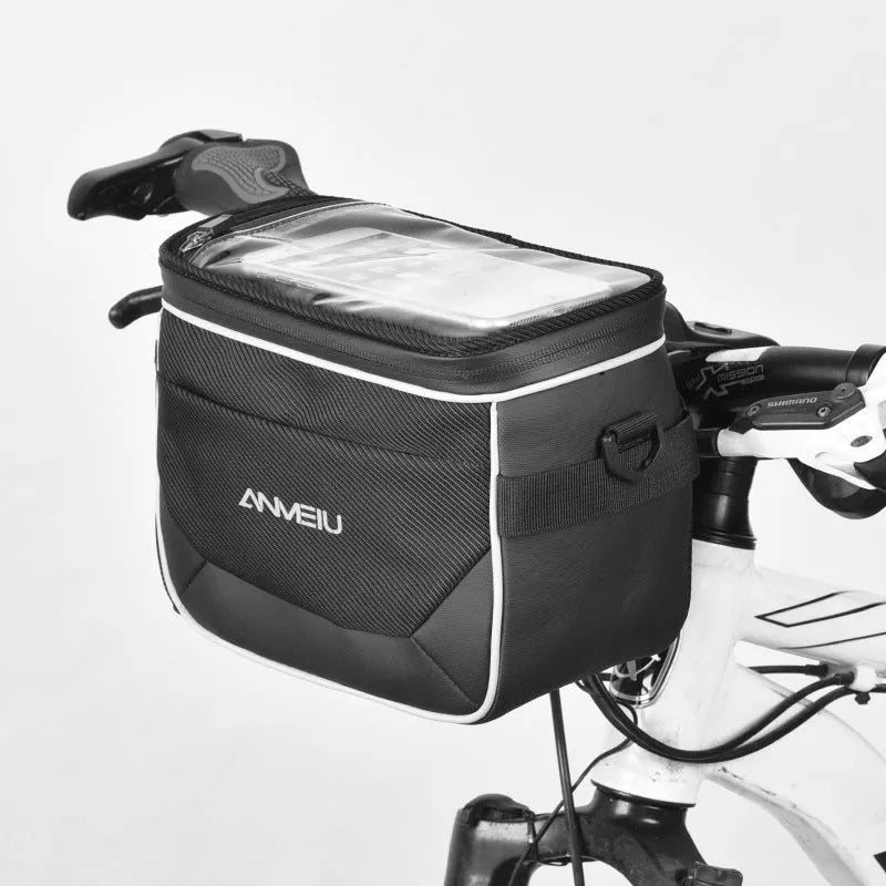 Black 7 inch polyester bicycle bag mounted on folding bike head tube