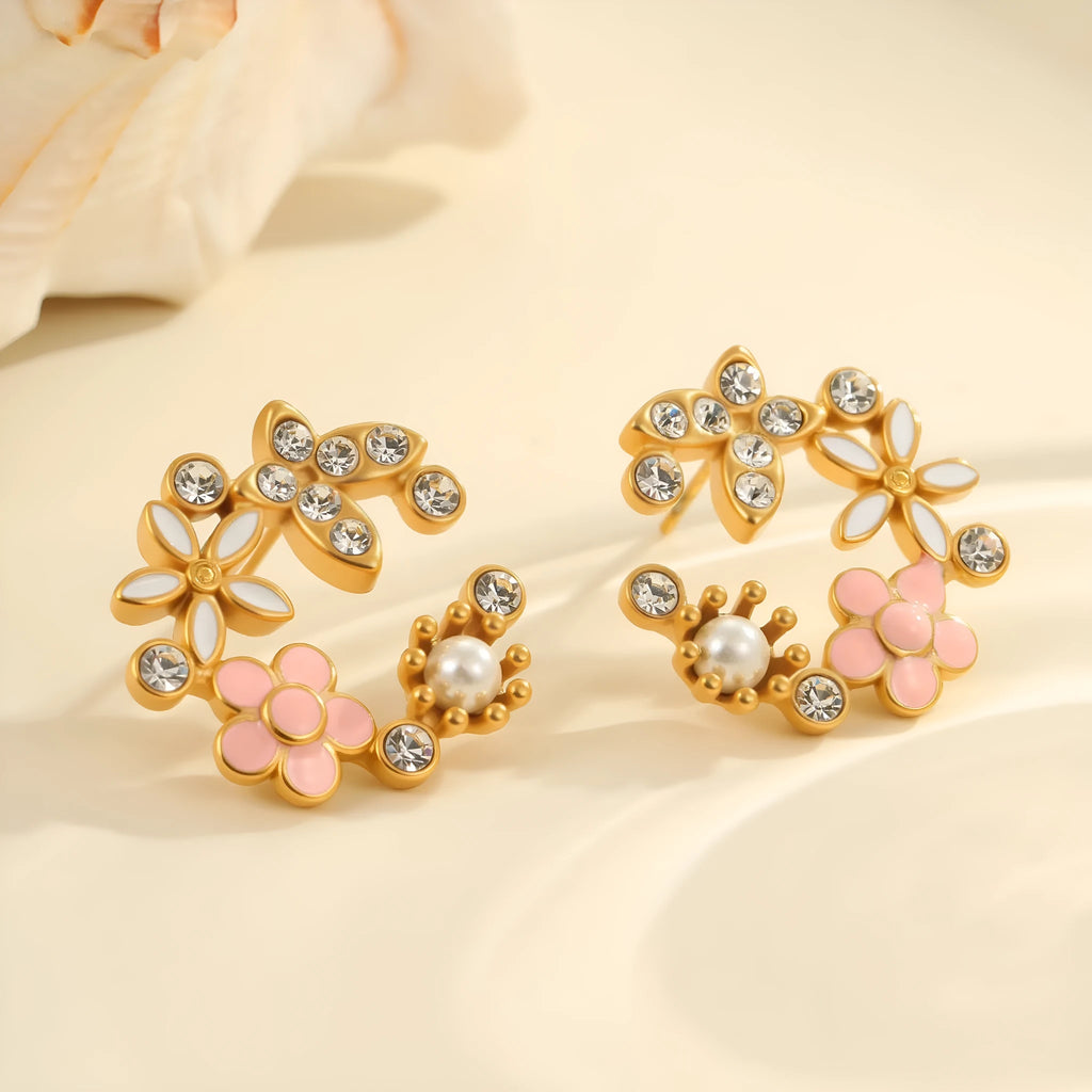 Flower petal stud earrings with colourful oil-dipped diamond look on 18K stainless steel