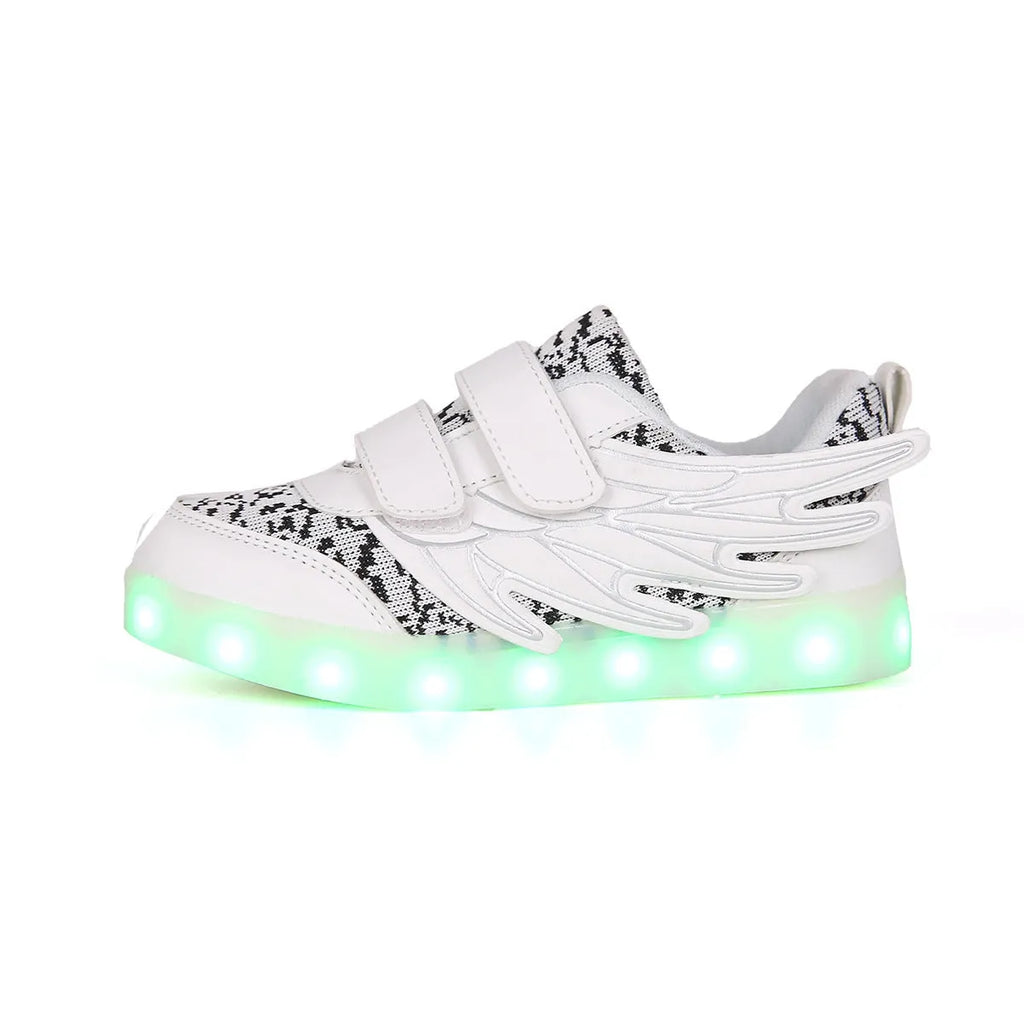 Plum red children's sneakers with colourful LED lights on the soles and sides.