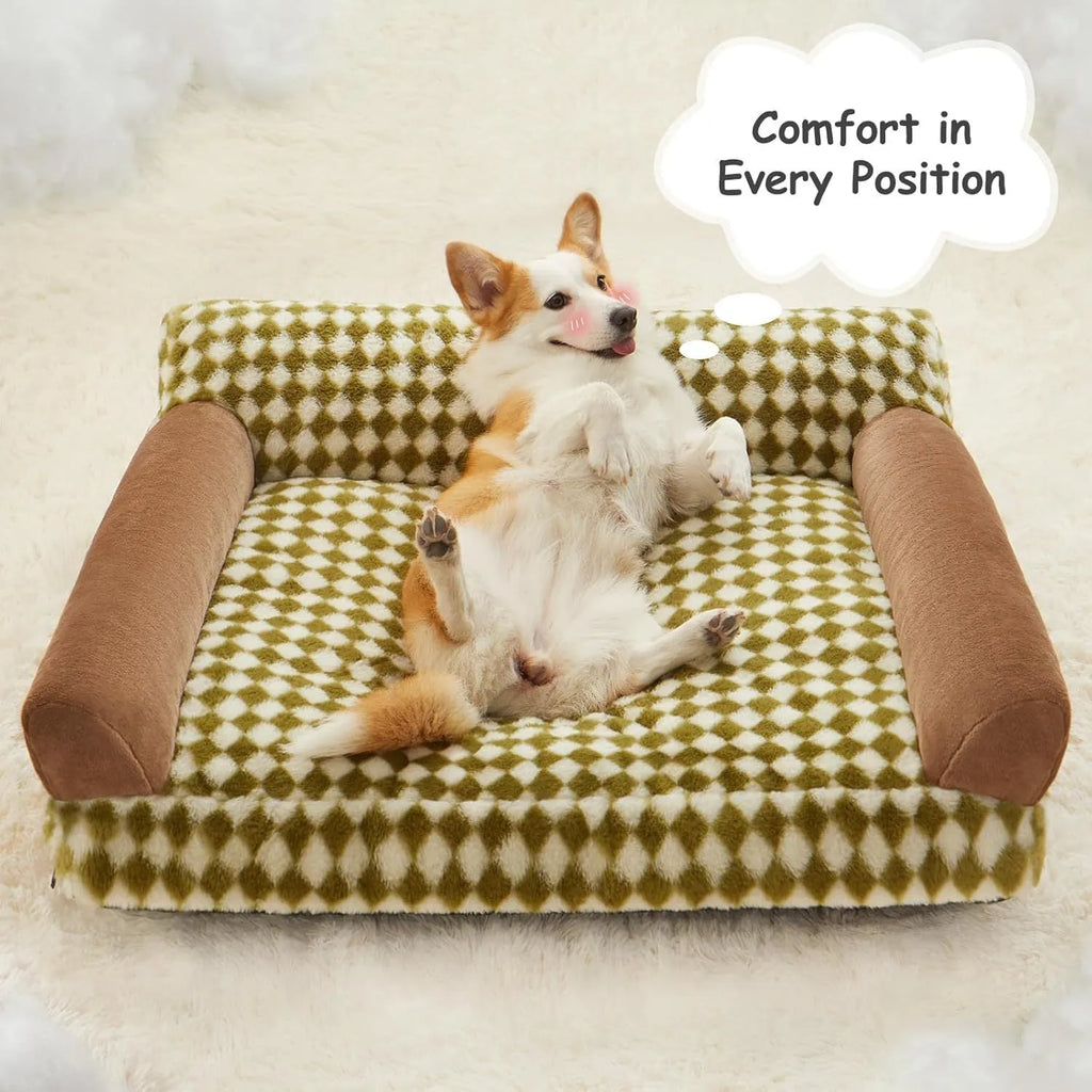Checkered grey and white pet sofa bed for small dog or cat on wooden floor.