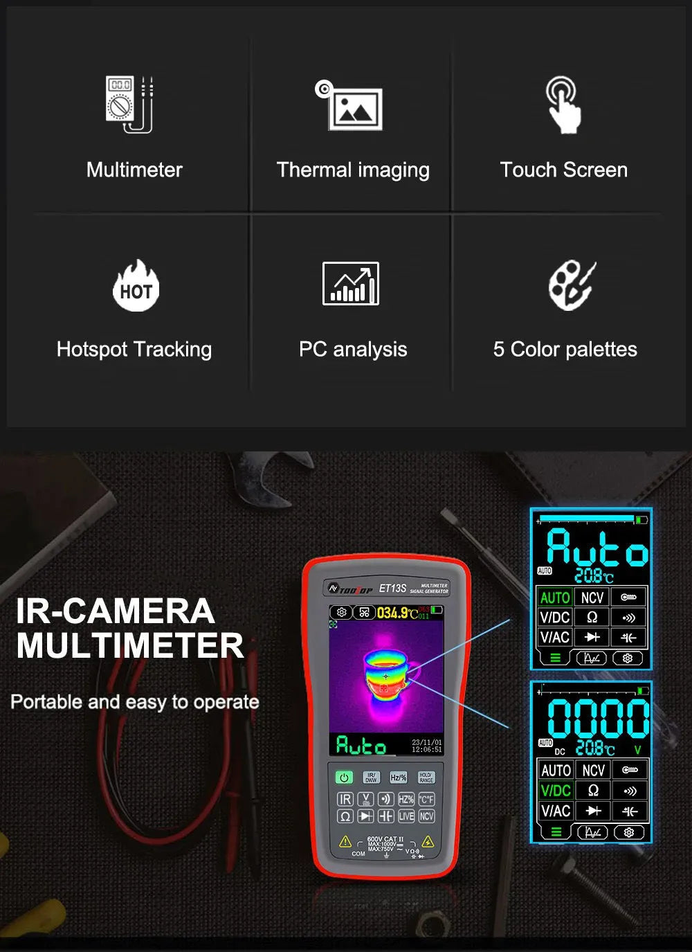 ET13S thermal imaging multimeter showing 2.8-inch colour touch screen displaying a thermal image and multimeter readings.