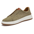 Men's suede casual soft bottom shoes with genuine cowhide leather upper, elastic band, round toe, low-top style in black, blue, khaki