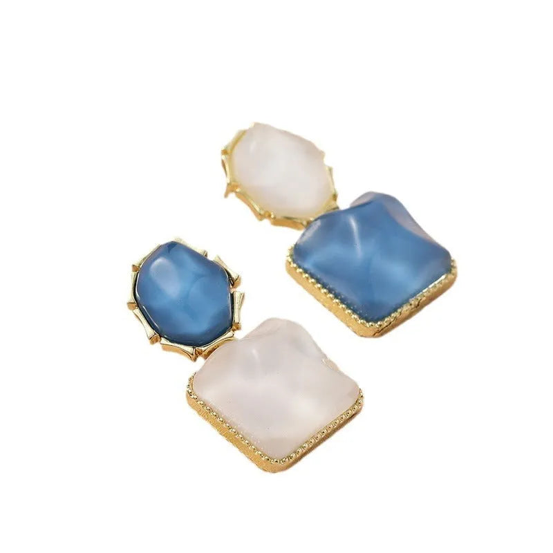 Alloy geometric square earrings with water ripple contrast finish in sapphire blue