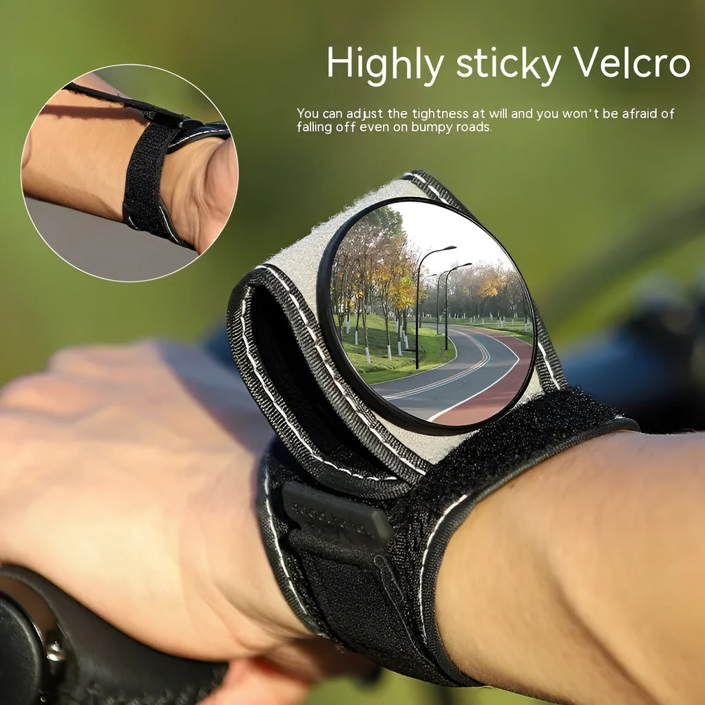 Black nylon bicycle wrist rear-view mirror for cycling safety and improved rearward visibility
