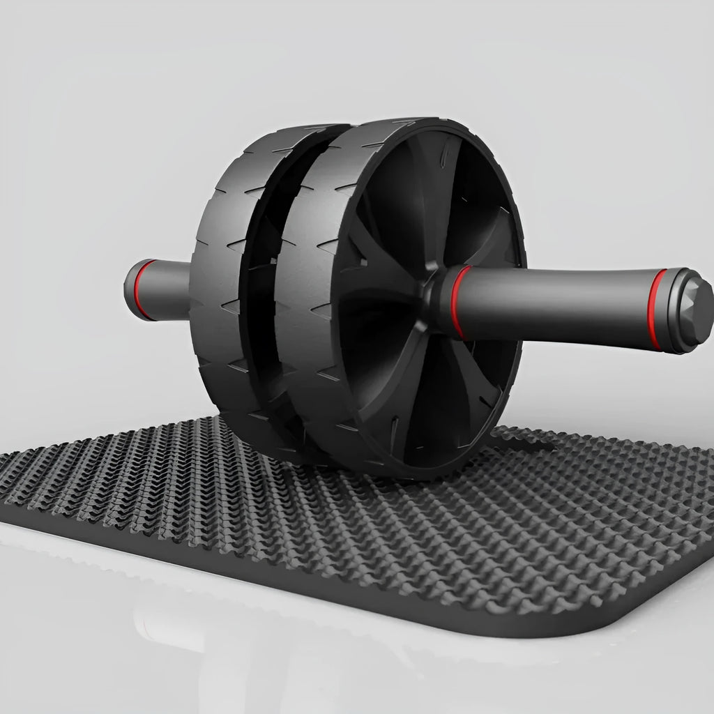 Black rebound abdominal roller with rubber wheel on a white background
