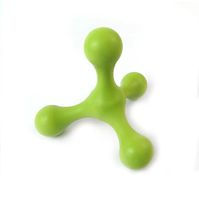 Blue silicone dog chew toy with three legs on a white background.