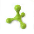 Blue silicone dog chew toy with three legs on a white background.