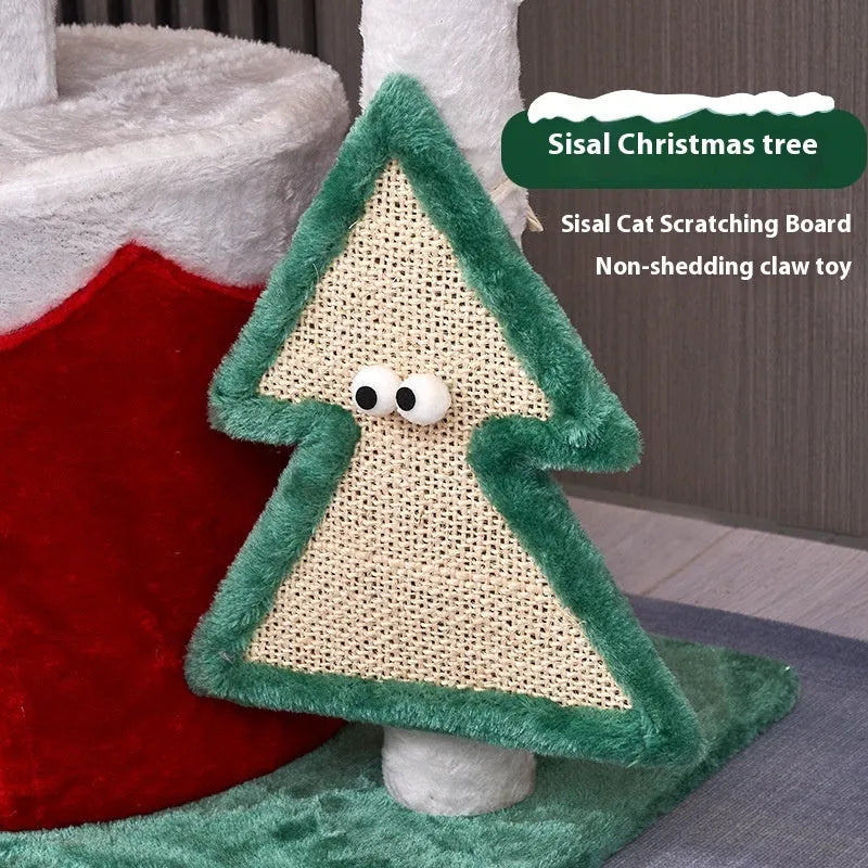 Cat scratching post with integrated toy in Christmas colours made from density plate