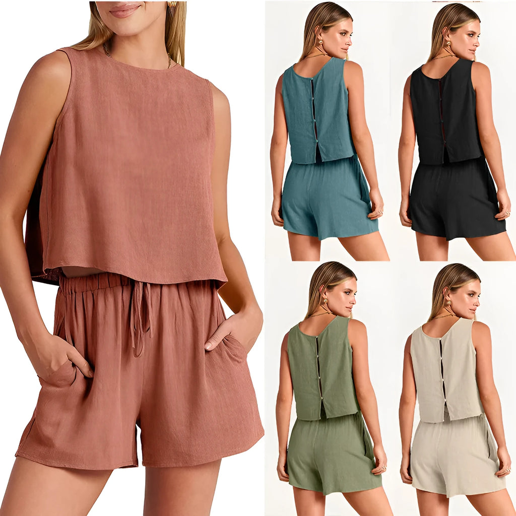 Women's summer two-piece set showing sleeveless top and drawstring shorts in rayon linen blend material