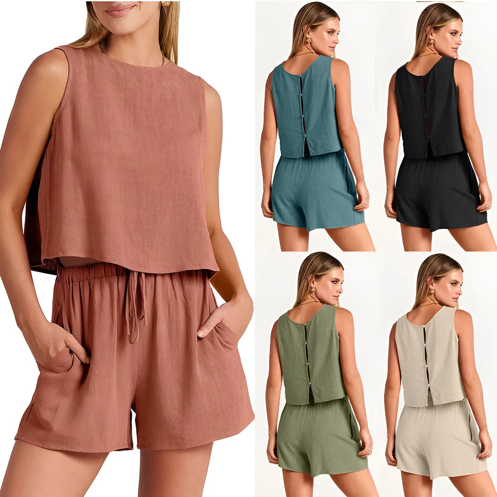 Women's summer two-piece set showing sleeveless top and drawstring shorts in rayon linen blend material