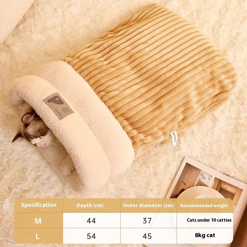 Brown grey or white L M size pet sleeping bag with semi-enclosed design and three-layer warm construction