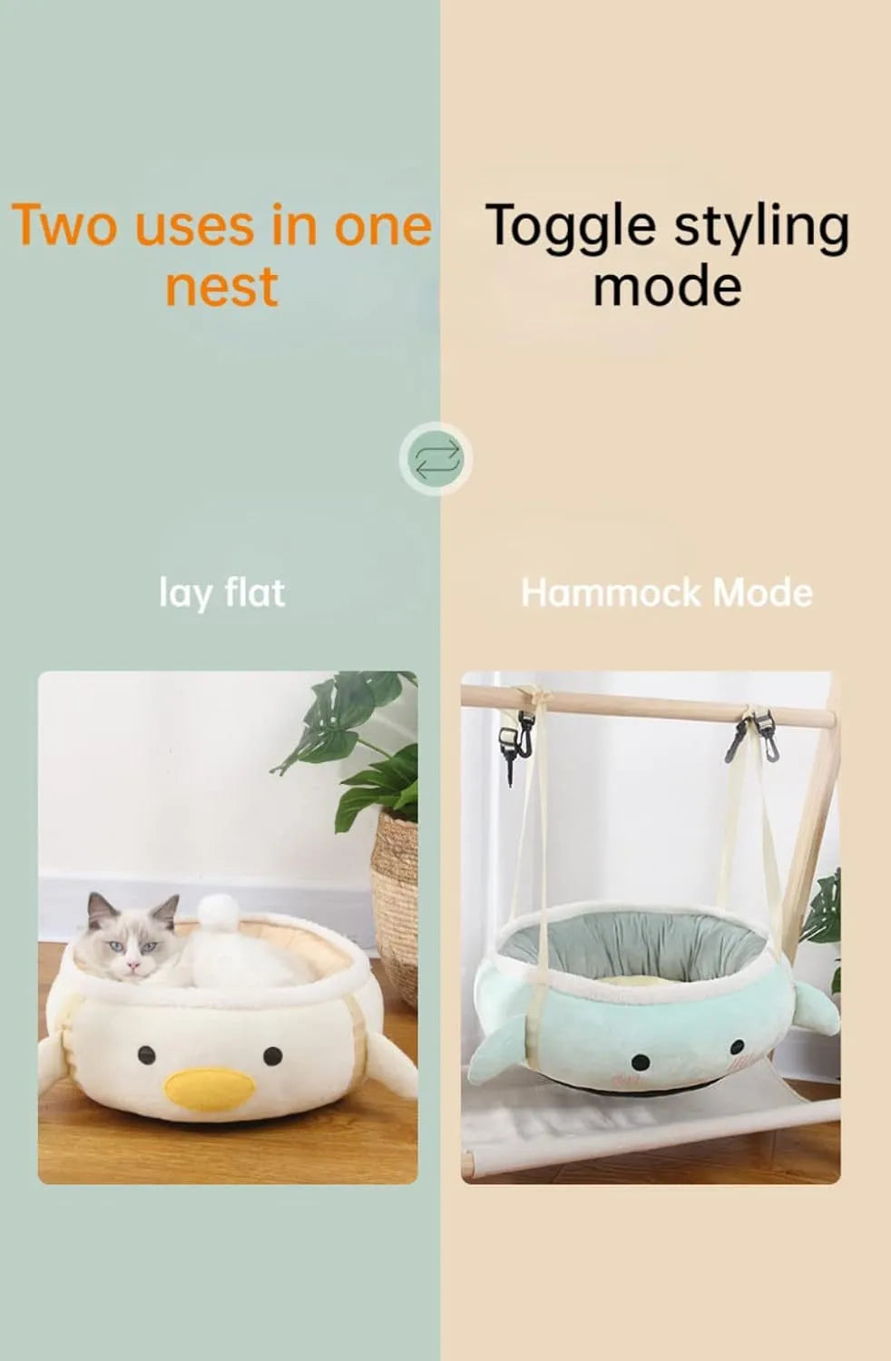 Green chick and dinosaur shaped cat bed shown both flat and hung as a hammock for small pets.