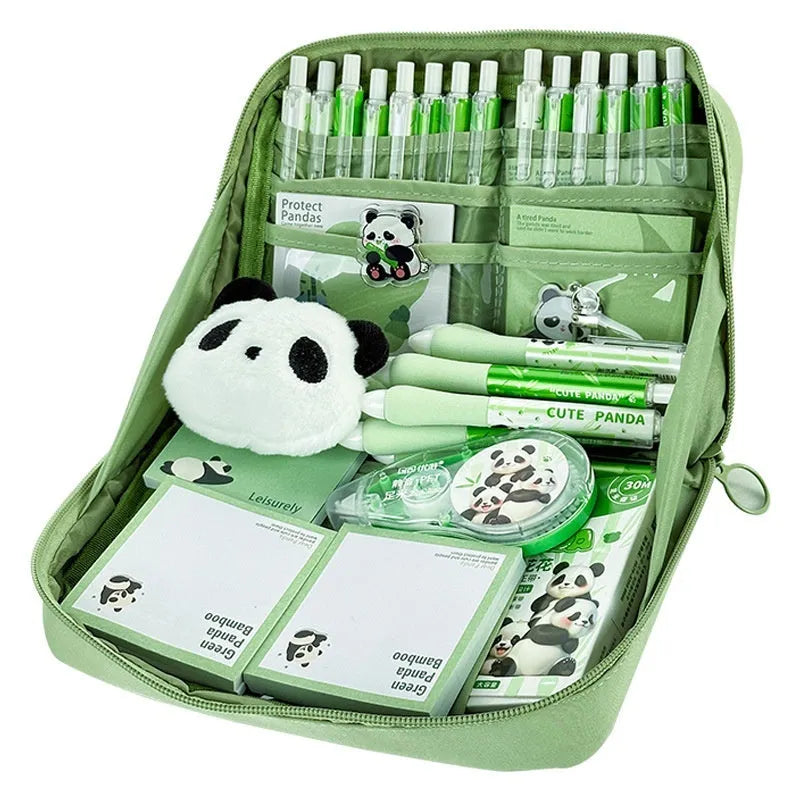 Green canvas pencil case with panda design featuring 12 internal layers for organising pens and stationery.