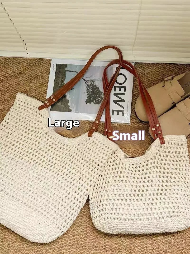 Beige woven cotton linen shoulder bag showing large and small size options with magnetic snap and zipper closure variants