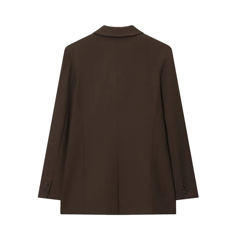 Womens pleated padded shoulder two piece set with straight-leg trousers solid colour polyester loose fit