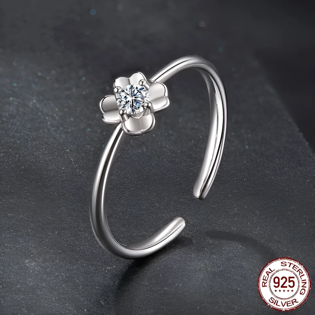 D colour moissanite four-leaf clover ring on S925 adjustable silver band, electroplated finish