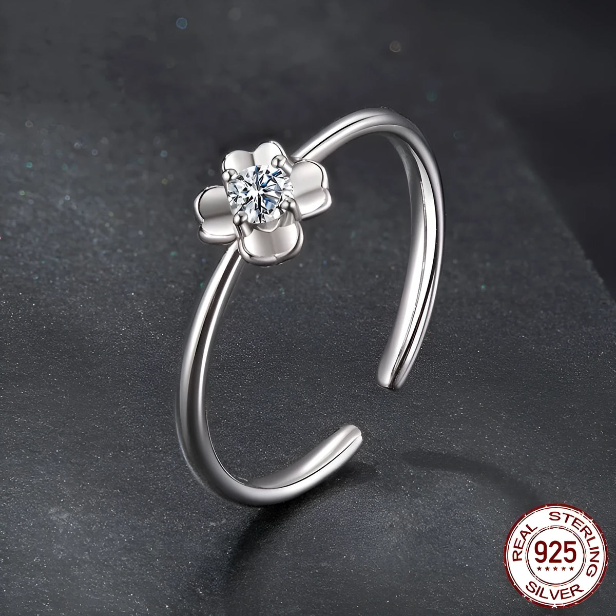 D colour moissanite four-leaf clover ring on S925 adjustable silver band, electroplated finish