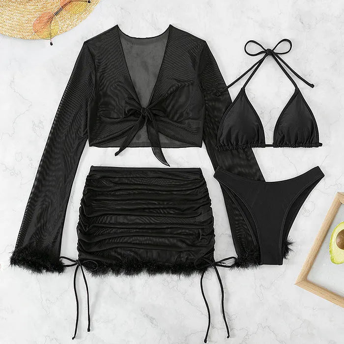 Black long sleeve women's bikini swimwear set with briefs bottom