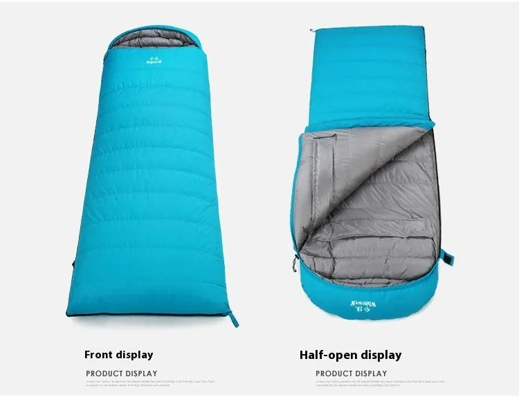 Black outdoor sleeping bag with white goose down filler and nylon shell.