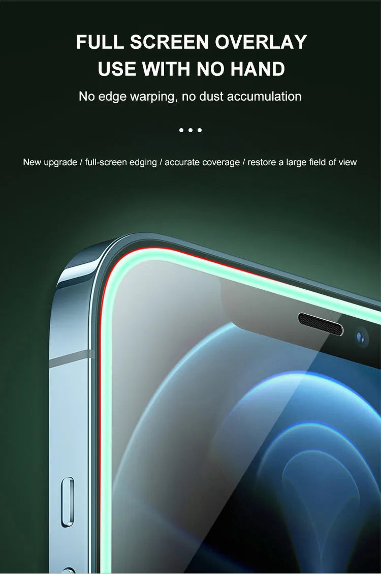 Tempered glass iPhone screen protector with luminous silicone soft edge, HD or privacy film, and locator