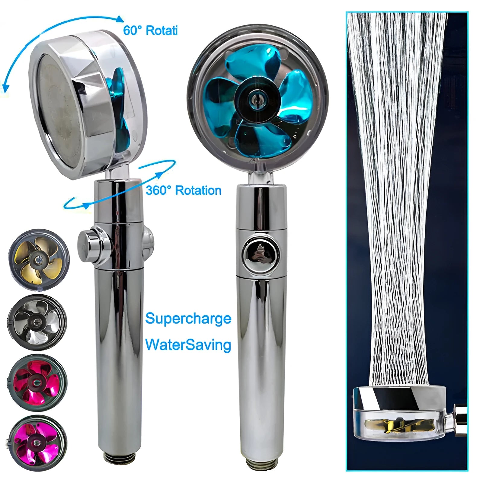 ABS plastic water-saving shower head with chrome finish and rotating spray nozzle