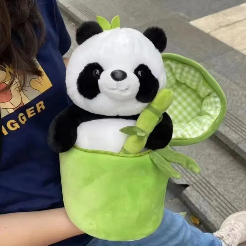25cm panda plush doll with PP cotton filling in bamboo tube holding or individual panda style