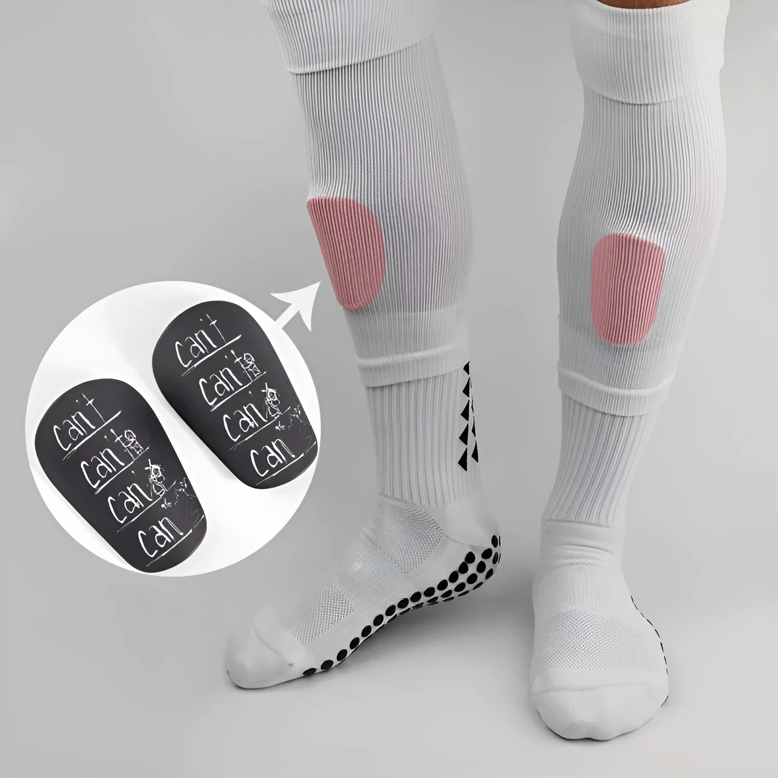 A pair of PU football shin guards in blue, shown on a leg, with S and XS sizes available.